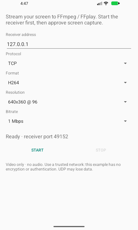 Actual ScreenCaster app with TCP/H.264 settings and Start and Stop controls
