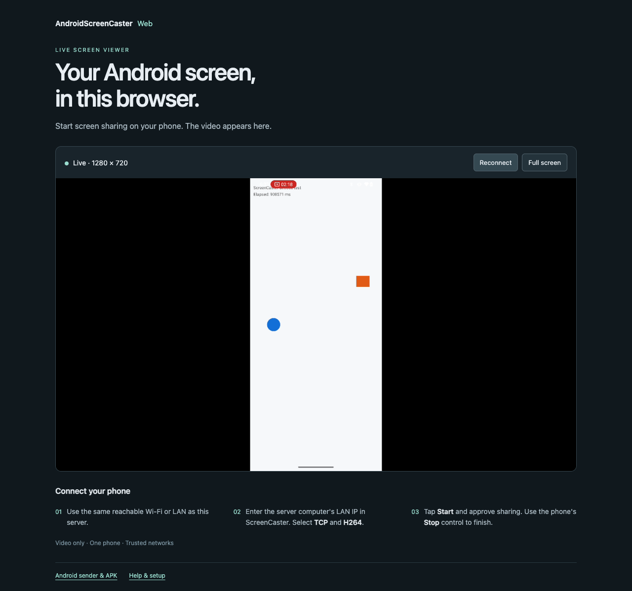 Actual browser viewer displaying the Android moving test screen during physical-device validation