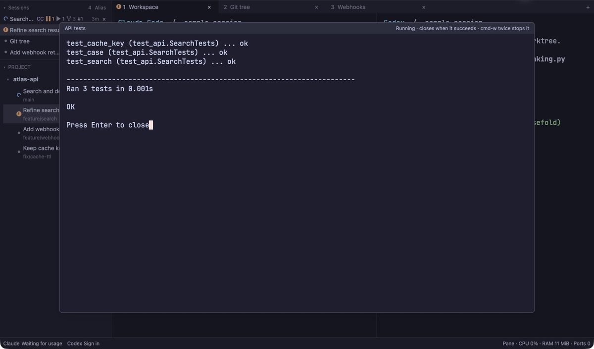 The API tests command running in a floating terminal over the Atlas API demonstration workspace