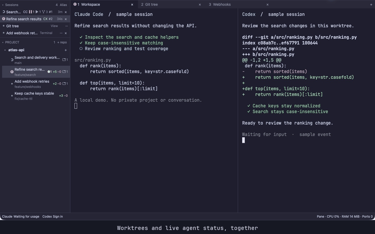 A native chda tour: sample agent status, an API test command in a floating terminal, Git history, moving a running pane and previewing a light theme