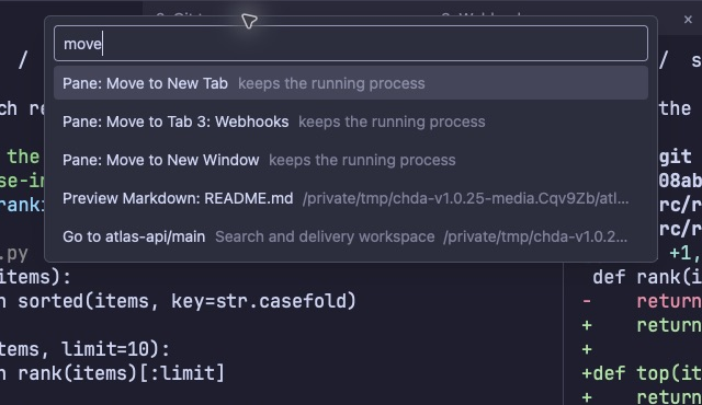 The command palette showing actions that move a running pane to another tab or window while keeping its process