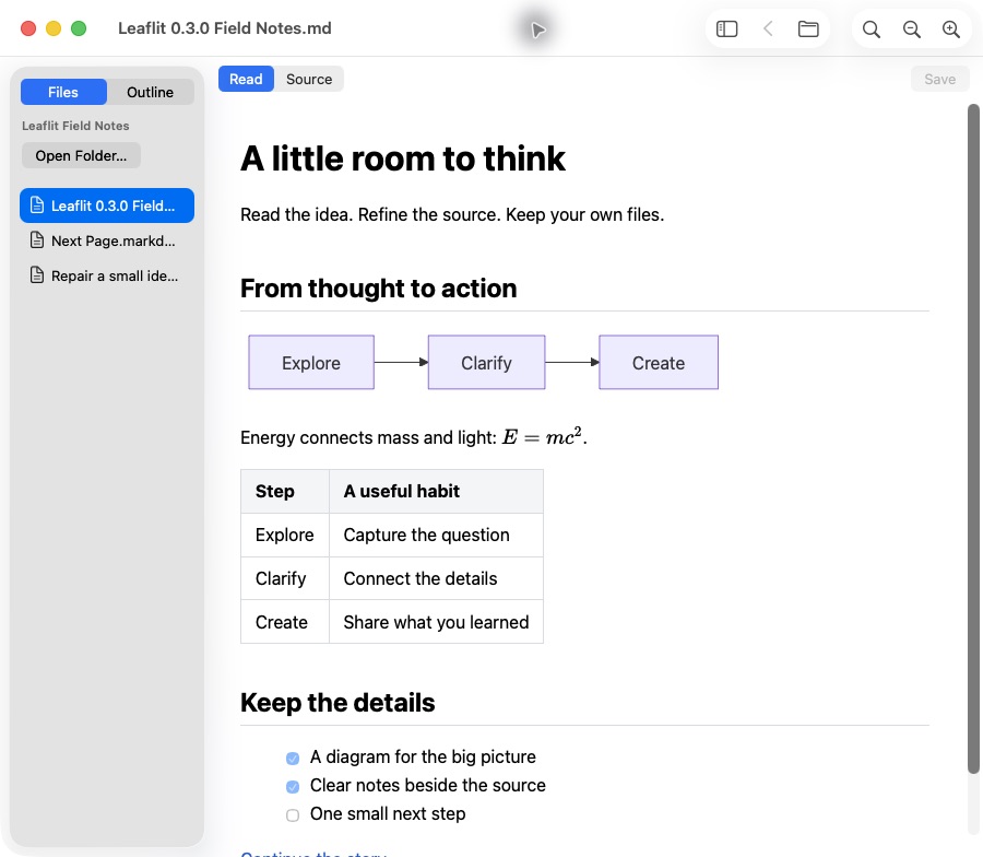 Actual signed Leaflit 0.3.0 Read window with a Files sidebar, rendering notes with an Explore, Clarify, Create Mermaid flowchart, a table, an equation and read-only checkboxes
